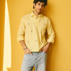Teyo Yellow Embroidered Cotton Checks Printed Shirt
