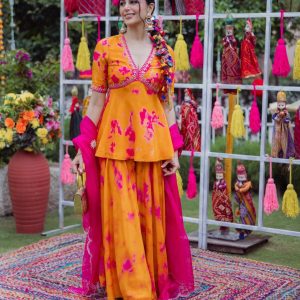 Ritu Orange Pink Tie Dye Muslin Sharara Set